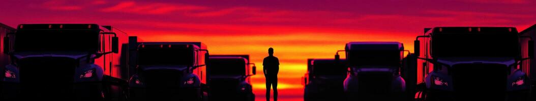 Trucks lined up against a vibrant sunset with a person standing in silhouette photo