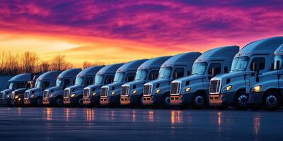 Trucks lined up against a colorful sunset sky, showcasing a serene transportation scene during evening hours photo