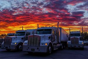 Trucks parked at sunset with a vibrant sky showcasing stunning colors and clouds photo