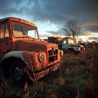 Old trucks rusting in a field at sunset with dramatic clouds in the background photo