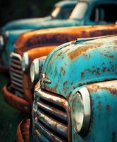 A row of old rusty trucks photo