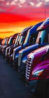 A stunning display of colorful trucks gathered together at sunset, beautifully showcasing the vibrant hues that paint the sky photo