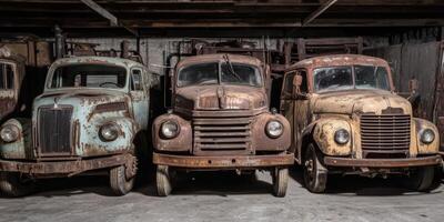 Vintage trucks lined up in an old garage showcasing wear and tear from years of storage and neglect photo