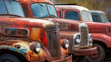 Old trucks lined up in a rustic setting showcasing weathered colors and vintage charm photo