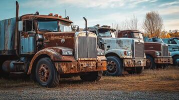 Vintage trucks lined up in an abandoned lot showcasing rust and age in the late afternoon sun photo