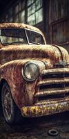 Rusty vintage truck parked in an abandoned warehouse showcasing years of wear and weathering in a nostalgic setting photo