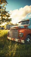 Old rusty truck parked in a grassy field under a bright blue sky at sunset photo