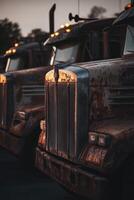 Vintage trucks parked under evening light showcasing rust and character at a transport yard photo
