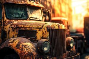 Rusty vintage trucks sit abandoned in an urban setting during golden hour illuminating their weathered features photo