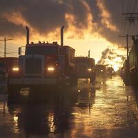 Trucks navigating through a rain-drenched street during a vibrant sunset in a busy transportation hub photo