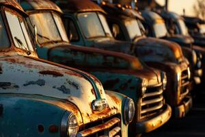 Classic vintage trucks lined up in a rusty state at sunset in a nostalgic setting photo