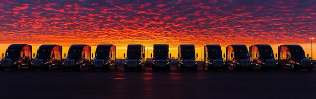 A row of trucks stood proudly against the backdrop of a stunning sunset sky filled with colorful, billowing clouds photo