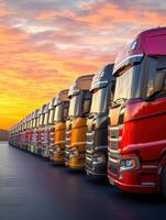 Trucks lined up against a vibrant sunset sky showcasing colors and powerful designs in a serene setting photo