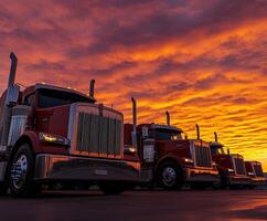 Trucks lined up against a stunning sunset sky with vibrant colors reflecting on the vehicles photo