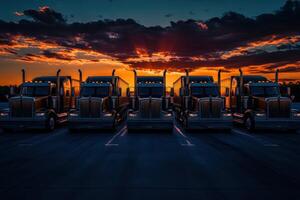 Trucks parked under a dramatic sunset with vibrant clouds and warm colors filling the sky photo
