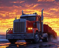 Trucks are on the move, delivering goods as the sun sets, casting vibrant colors across the sky photo