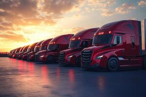 Row of red trucks parked under a colorful sunset near a transport hub in rural setting photo
