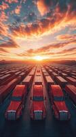 Vibrant sunset over a fleet of parked red trucks lined up with shipping containers in an expansive yard photo