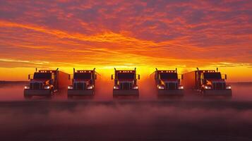 Trucks lined up against a vibrant sunset with mist in the foreground creating a dramatic silhouette photo