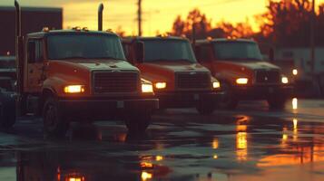 Trucks are parked in a spacious lot, beautifully reflecting the vibrant hues of the sunset during the serene evening hours photo