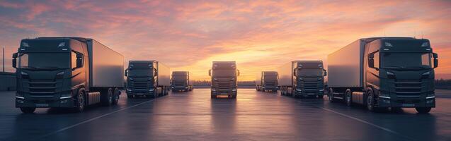 Trucks lined up at sunset with vibrant colors in the sky creating a striking view of the transportation industry photo