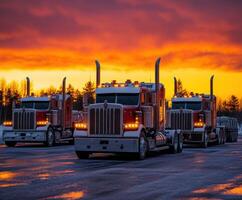 Colorful sunset highlights trucks parked in a loading area with a dramatic sky photo