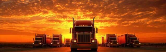 Trucks lined up against a stunning sunset providing a picturesque view of transportation and nature in harmony photo