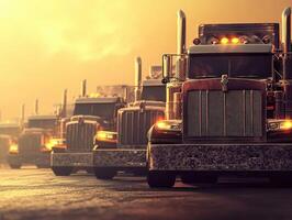 Fleet of trucks lined up under a sunset in an industrial area showcasing their robust design and vibrant lights photo