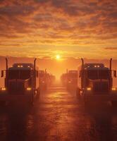 A row of trucks can be seen positioned against a stunningly vibrant sunset illuminating a hazy landscape photo