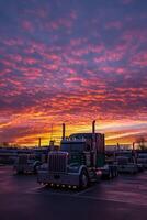 Trucks parked under vibrant sunset sky with dramatic clouds at dusk in a tranquil location photo