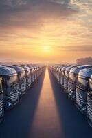 Sunrise over a row of parked trucks creating a striking visual in the early morning light on a quiet highway photo