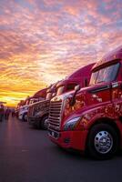 Trucks lined up against a vibrant sunset at a bustling transport hub during evening hours photo