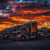 Sunset highlights numerous trucks lined up in a parking lot against a vibrant sky photo