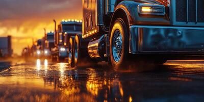 Trucks on a wet highway at sunset reflecting golden light while waiting for traffic to clear photo