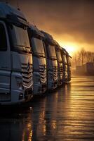 Trucks lined up against a dramatic sunset reflecting on a wet surface in a transport yard photo