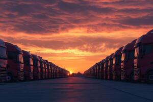 Long line of trucks parked at sunset under a colorful sky in transportation yard photo