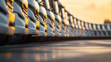 Rows of parked trucks during sunset at a transportation yard create a striking visual with warm golden hues photo