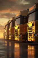 Golden trucks lined up against a dramatic sunset backdrop creating a striking silhouette on a wet road photo