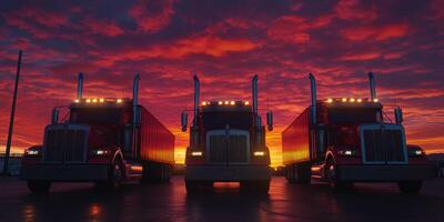 Bold red trucks parked under a vibrant sunset sky with dramatic clouds at an industrial location in the evening hours photo