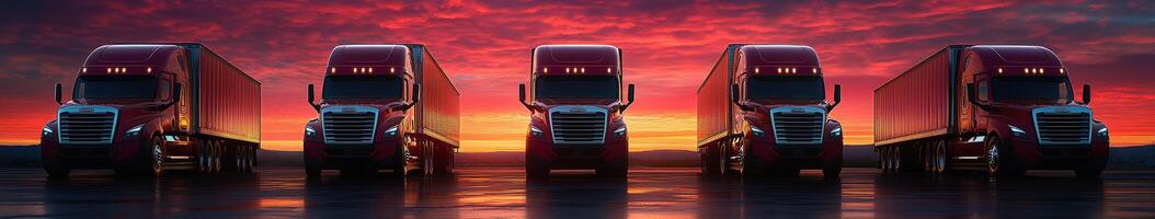 Three trucks lined up against a vibrant sunset with colorful clouds in the background photo