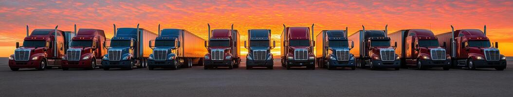 Line of trucks parked at sunset showcasing vibrant colors and sleek designs in a trucking yard photo