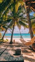 Relaxing at a tropical beach with hammocks and a cup of coffee under the palm trees photo