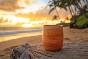 Unwinding as the sun sets on a serene tropical beach, holding a comforting warm beverage in my hand photo