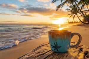 Enjoying a tranquil cup of coffee on the beach at sunset in a tropical paradise photo