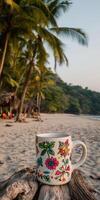 Tropical beach with colorful mug at sunset near palm trees on a tranquil shore photo