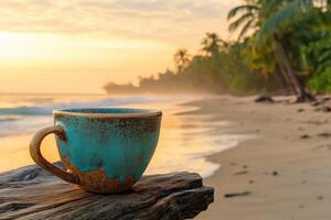 Enjoying a peaceful moment with a warm cup of coffee as the sun rises over a tranquil beach photo