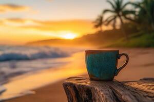 Enjoying a peaceful moment with coffee as the sun sets on a tropical beach photo