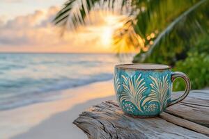 Enjoying a warm cup of coffee by the beach at sunset near tropical palm trees with waves gently lapping the shore photo