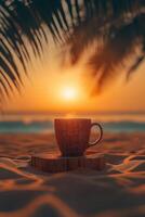 Enjoying a warm cup of coffee while watching the sunset on a tranquil beach photo