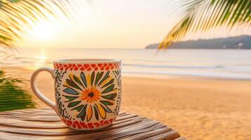 Enjoying a colorful cup of coffee at sunrise on a serene beach with gentle waves and palm trees in the background photo